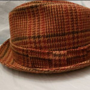 Vintage Mens size 7-1/4 Fedora Houndstooth wool hat Red Black Tan Plaid